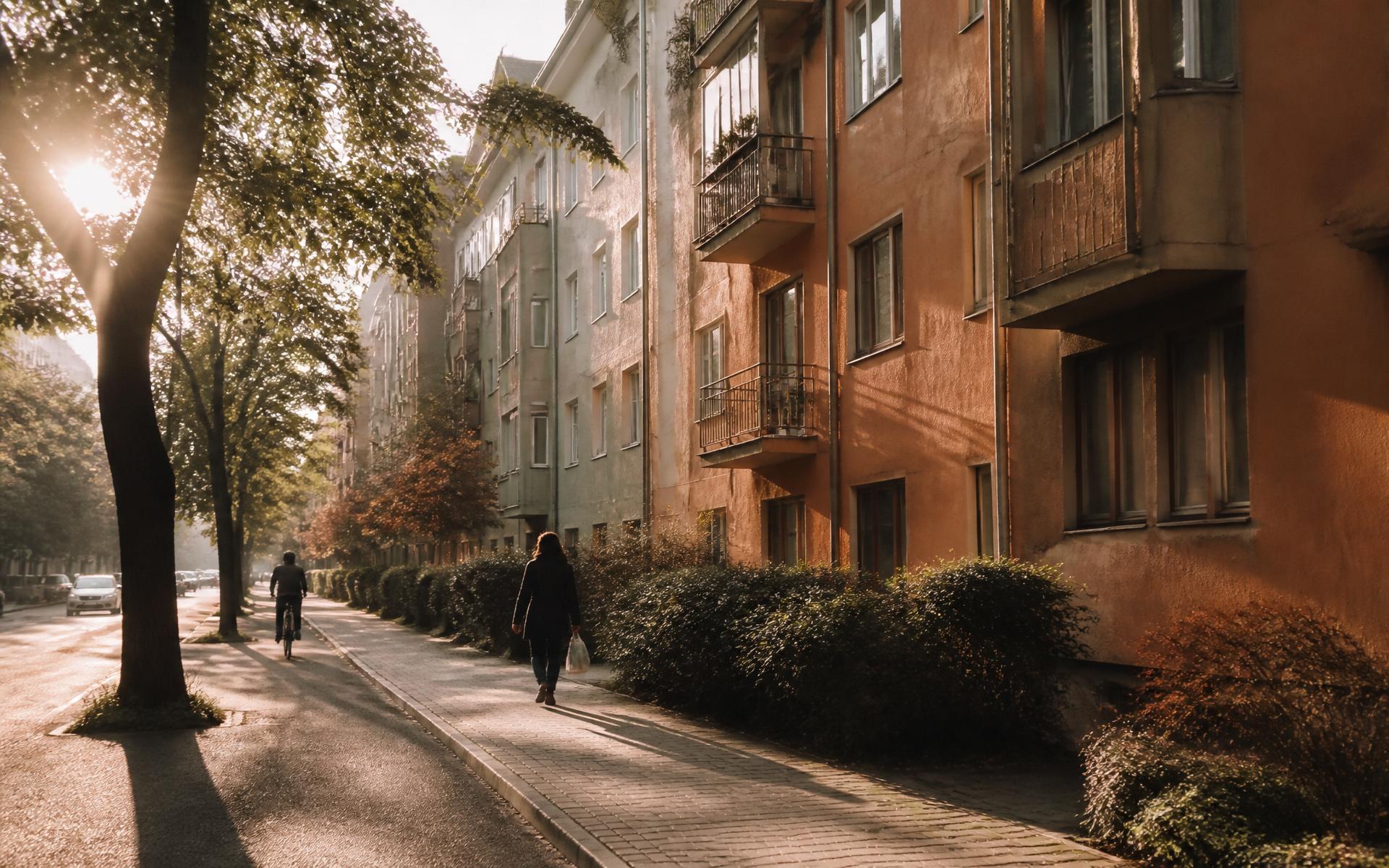 Stradă rezidențială liniștită din România, dimineața